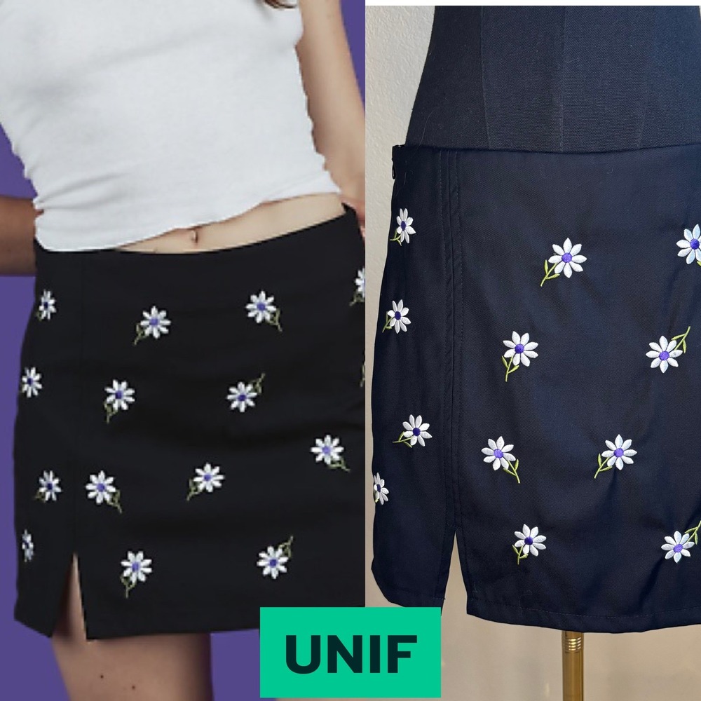 NWT UNIF Black Mini Skirt with Floral Daisy Embroidery Y2K Aesthetic, Rave NEW!